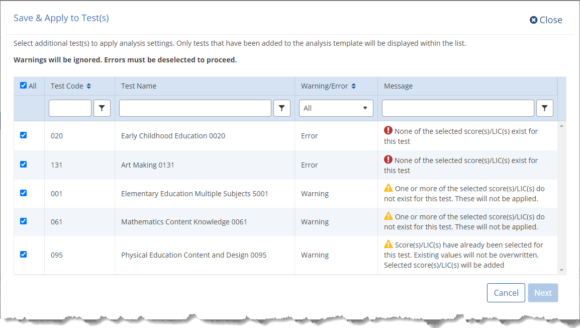 DIF Test Settings Save and Apply Errors and Warnings